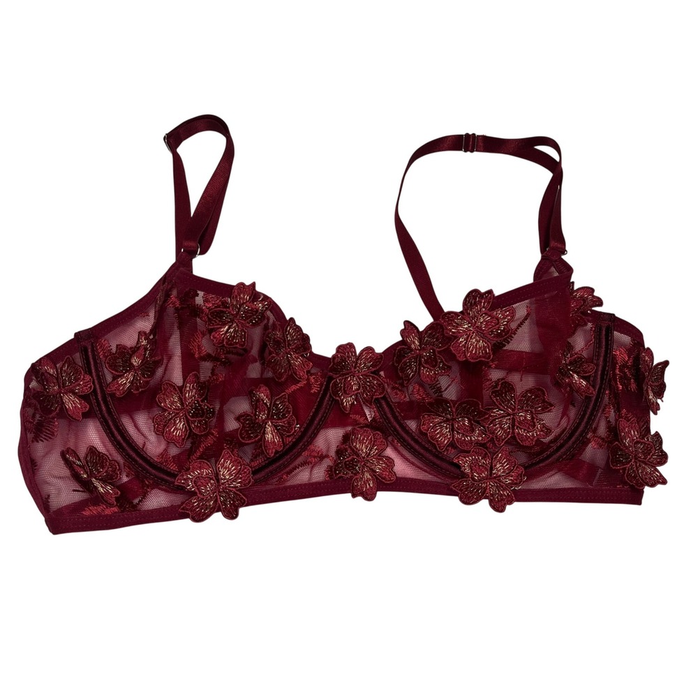 Burgundy Floral Embroidered Mesh Underwire Balconette Bra Sheer Cage Back Small